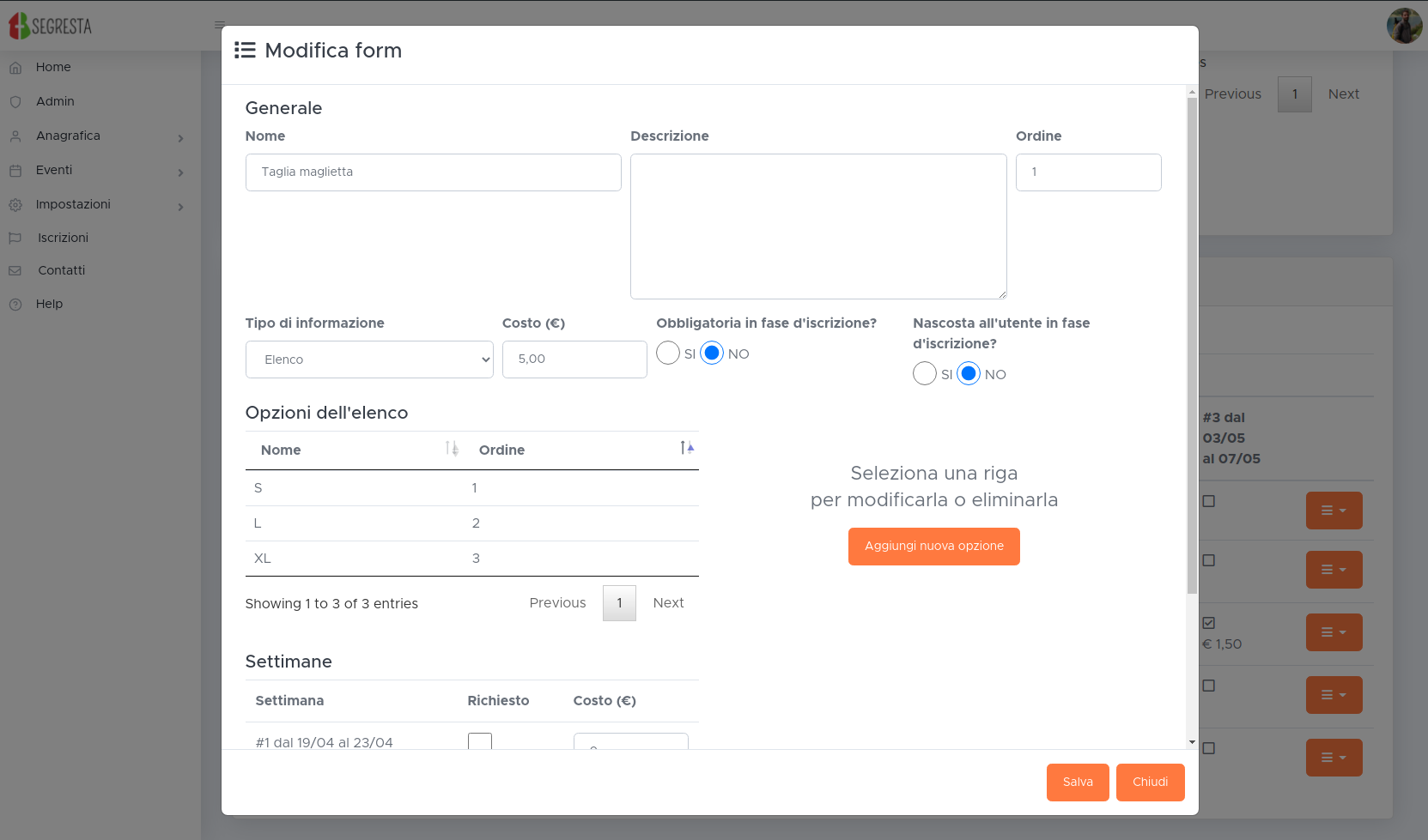 Modifica form iscrizione online